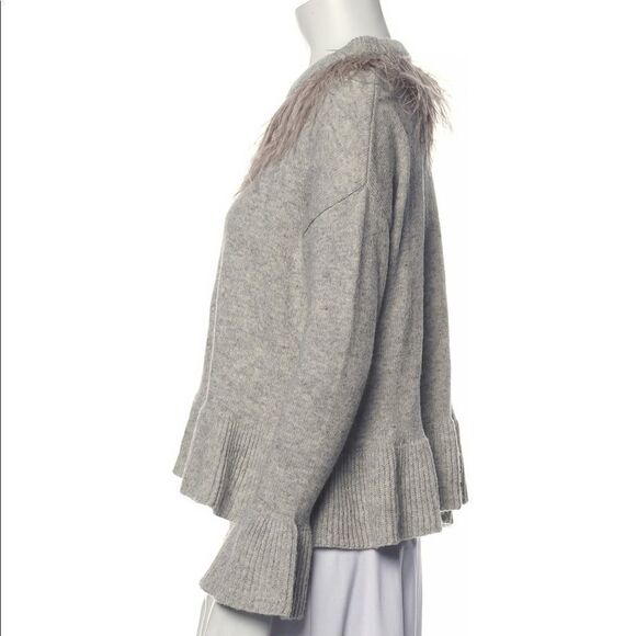 Cinq a Sept Crew Neck Sweater Grey With Ruffles and Feathers XS - Picture 2 of 4
